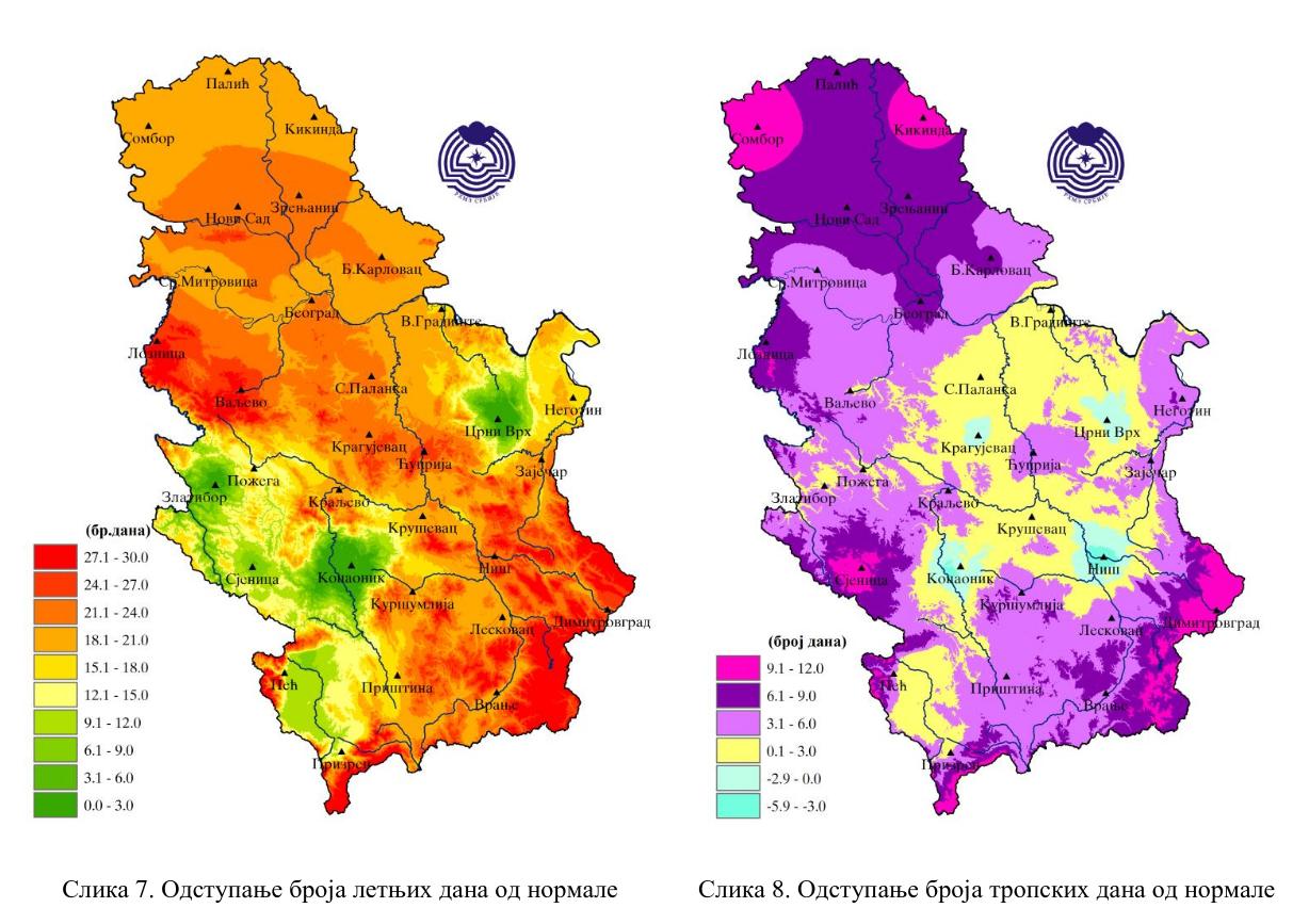 2023. jesen. Klima. Odstupanje broja letnjih i tropskih dana, Mapa, Beograd, 2023.jpg