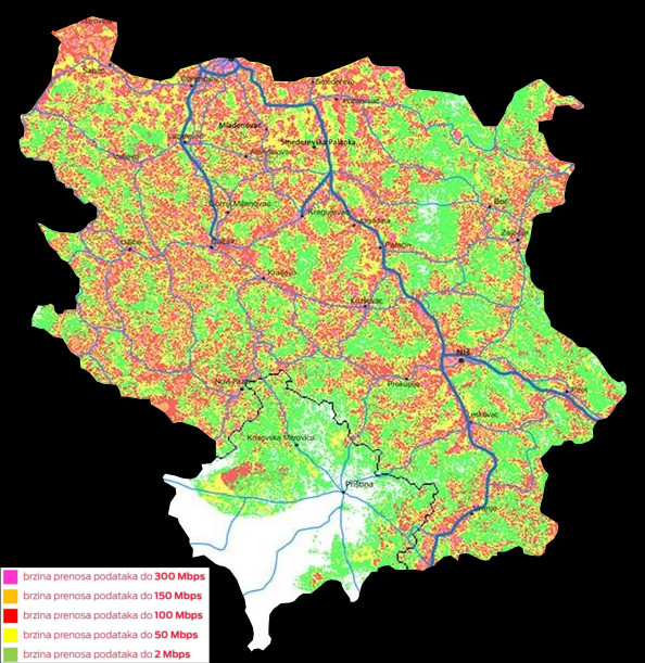 Pokrivenost Srbije i mapa kvaliteta prenosa podataka MTS-a, deo juzno od Save i Dunava.jpg